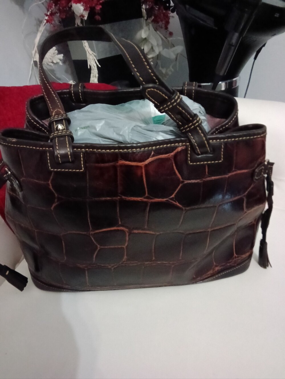 Dooney & Bourke Classic Croc-Embossed Brown Leather Satchel - Picture 4 of 15